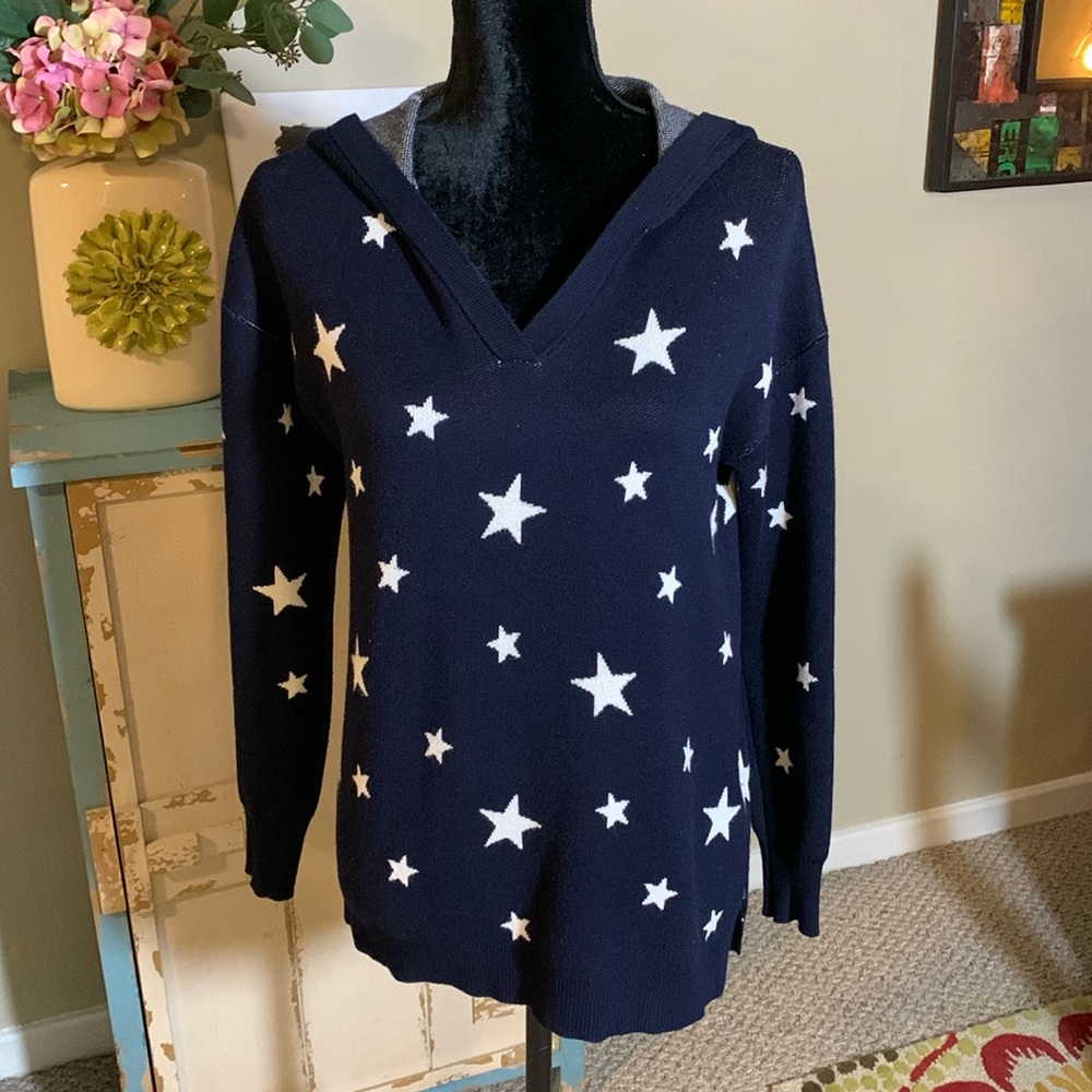 Marled Navy Hooded Sweater with White Stars. Size XS